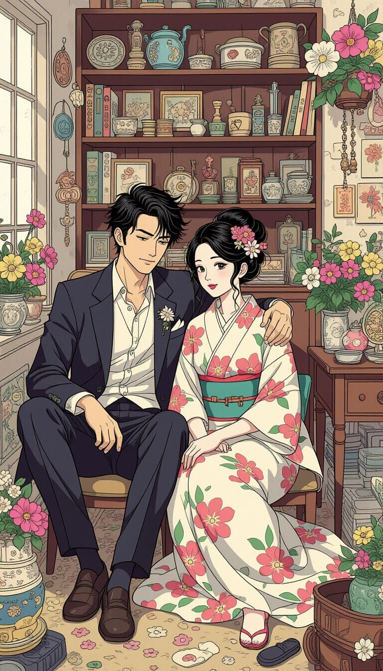 Japanese Couple in Whimsical Comic Style