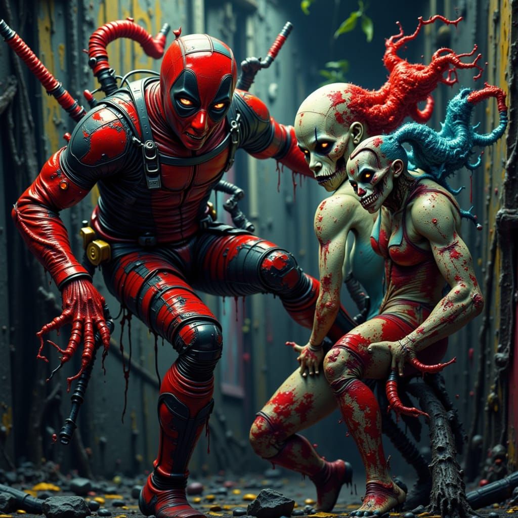 Deadpool & Harley Quinn Combat in Surreal Art Gallery