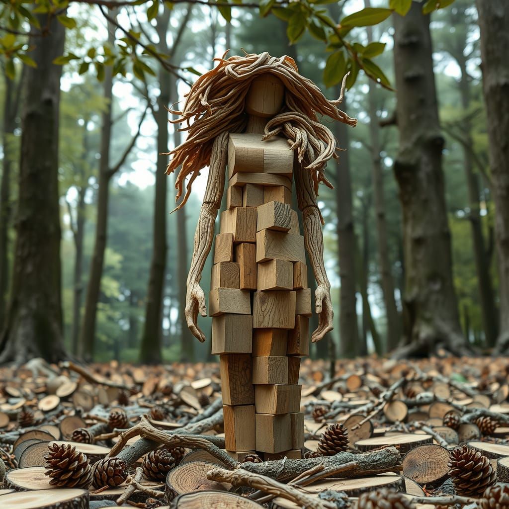 Wooden Block Humanoid Figure in Forest Clearing