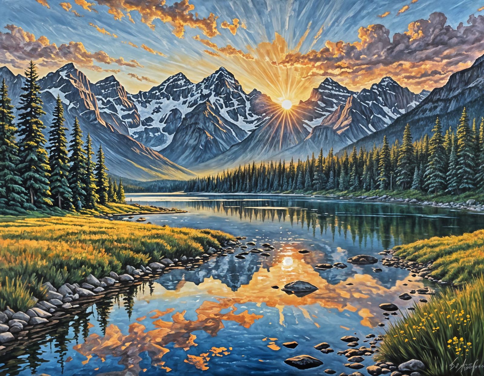 Canadian Rockies Sunrise in Vibrant Oil Painting