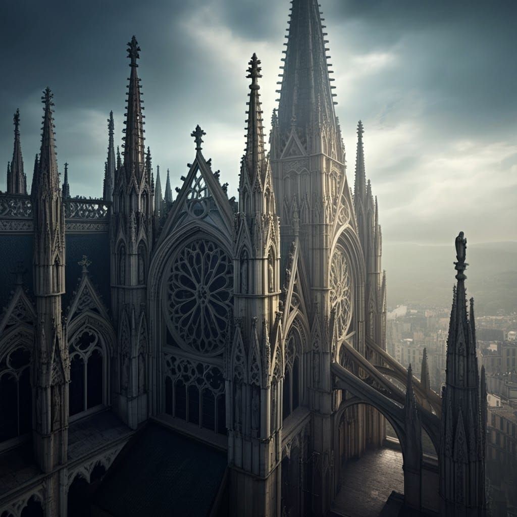 Aerial View of Gothic Cathedral in Fantasy Art Style