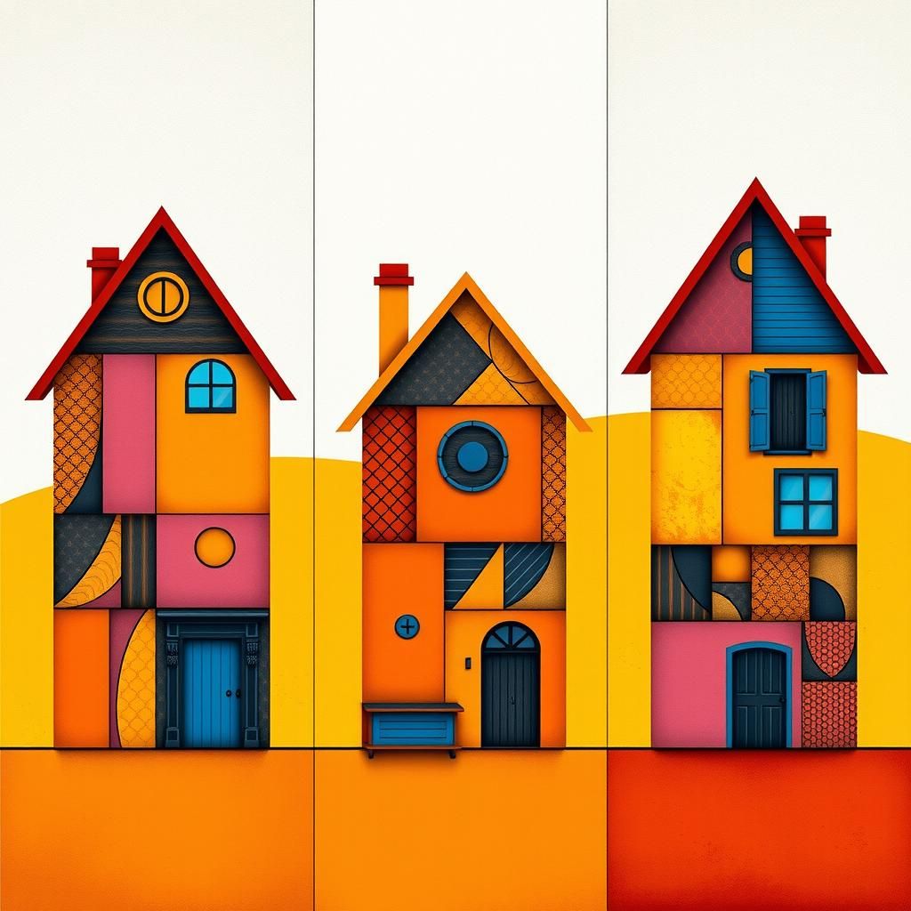 Abstract Geometric Houses Triptych in Digital Art Style