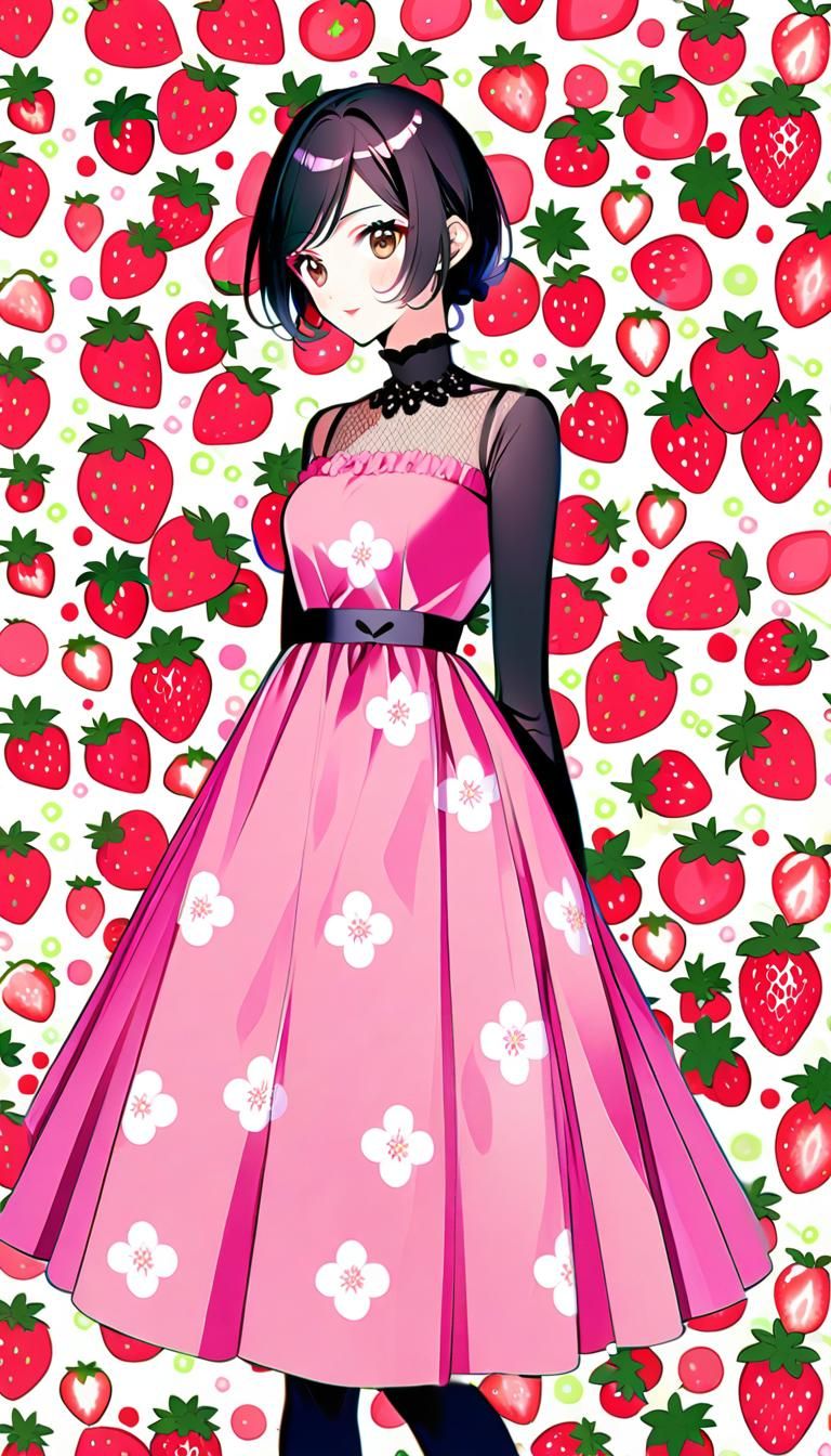 Anime Style Woman in Strawberry Dress