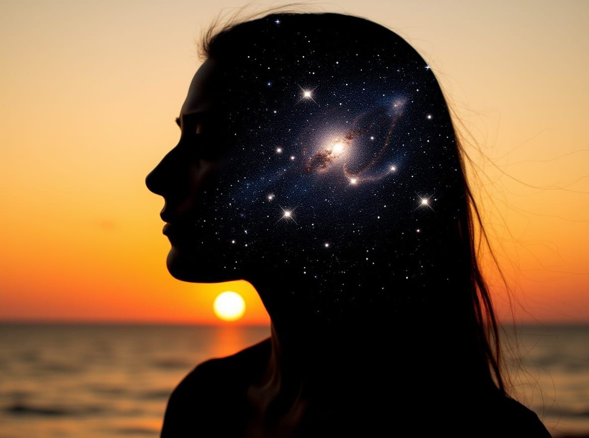 Double Exposure Silhouette: Universe and Sunset