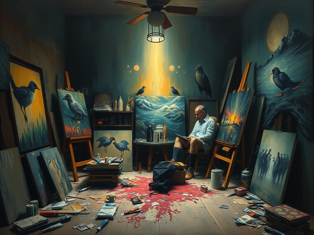 Surreal Painter in Dim Studio: A Melting World