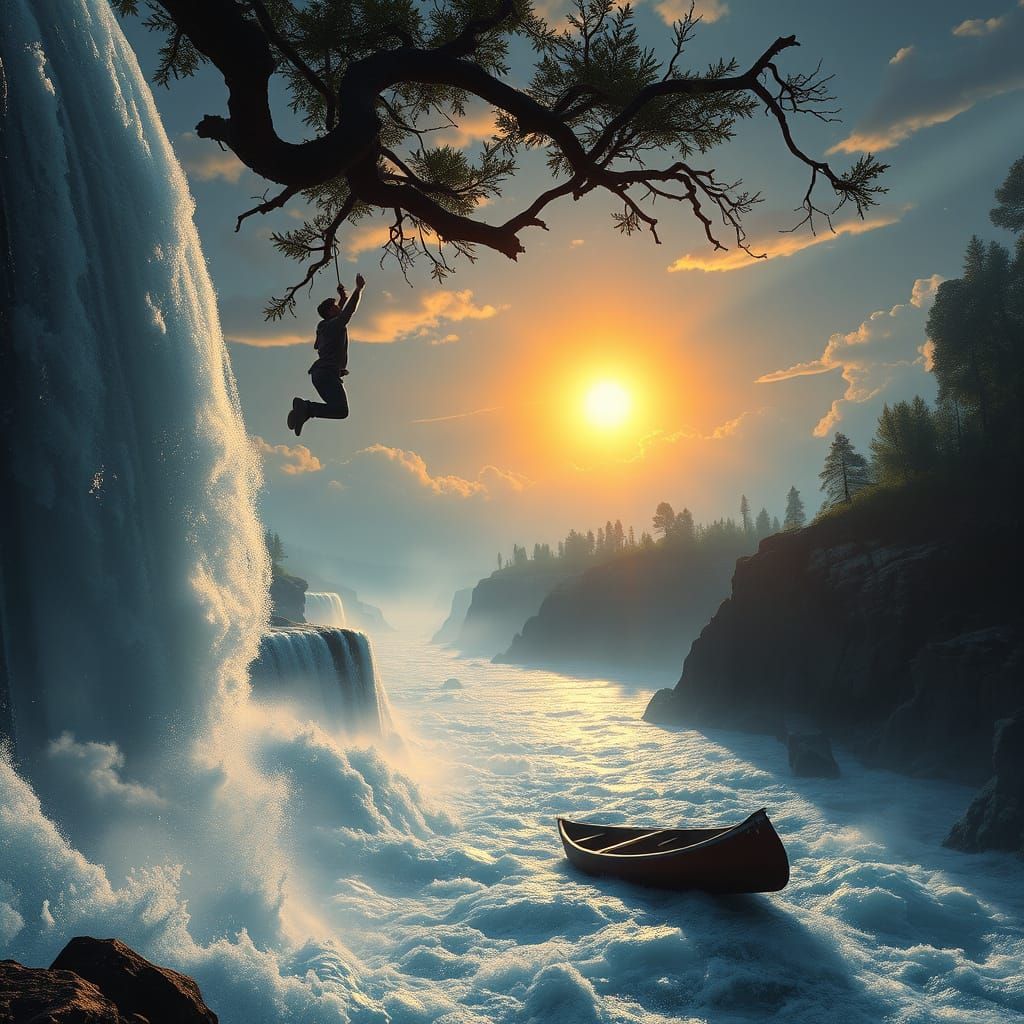 Man Falls Over Waterfall at Sunrise, Cinematic Matte Paintin...