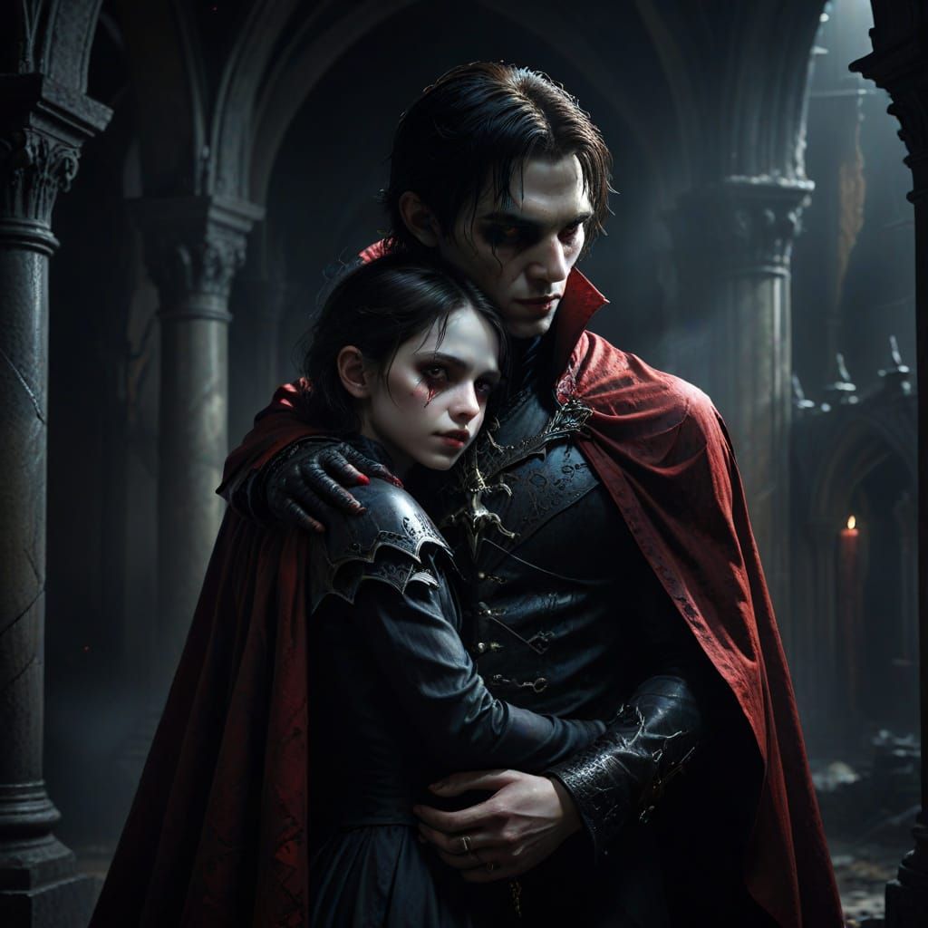 Gothic Vampire Protects Boy in Dark Fantasy Art
