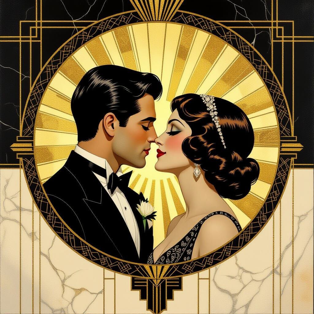 Art Deco Lovers' Kiss in Golden Light