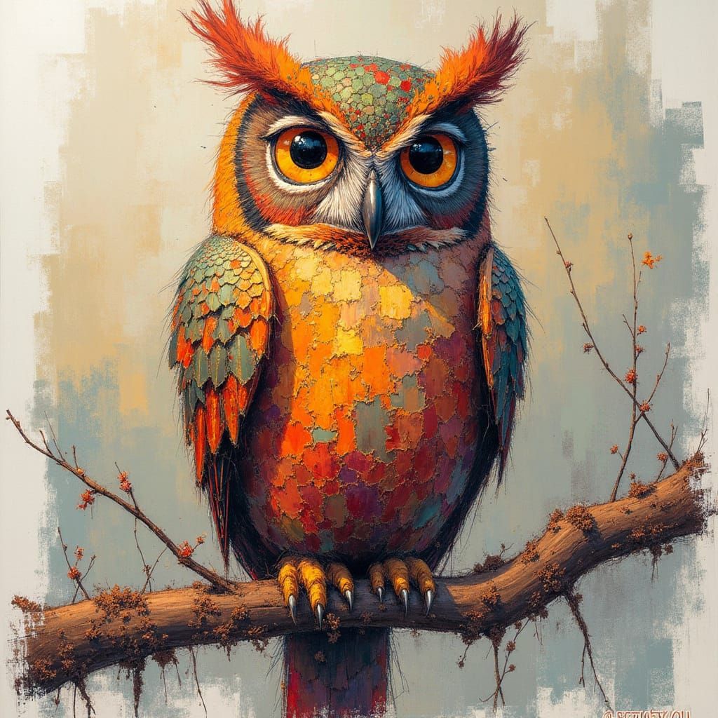 Steampunk Owl on Branch in Impressionist Pastel Style
