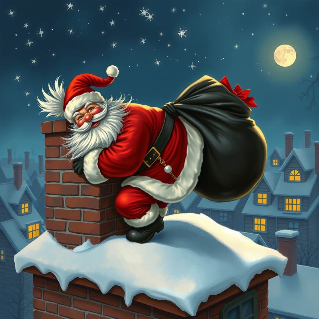 Whimsical Santa Claus Struggling Down Chimney