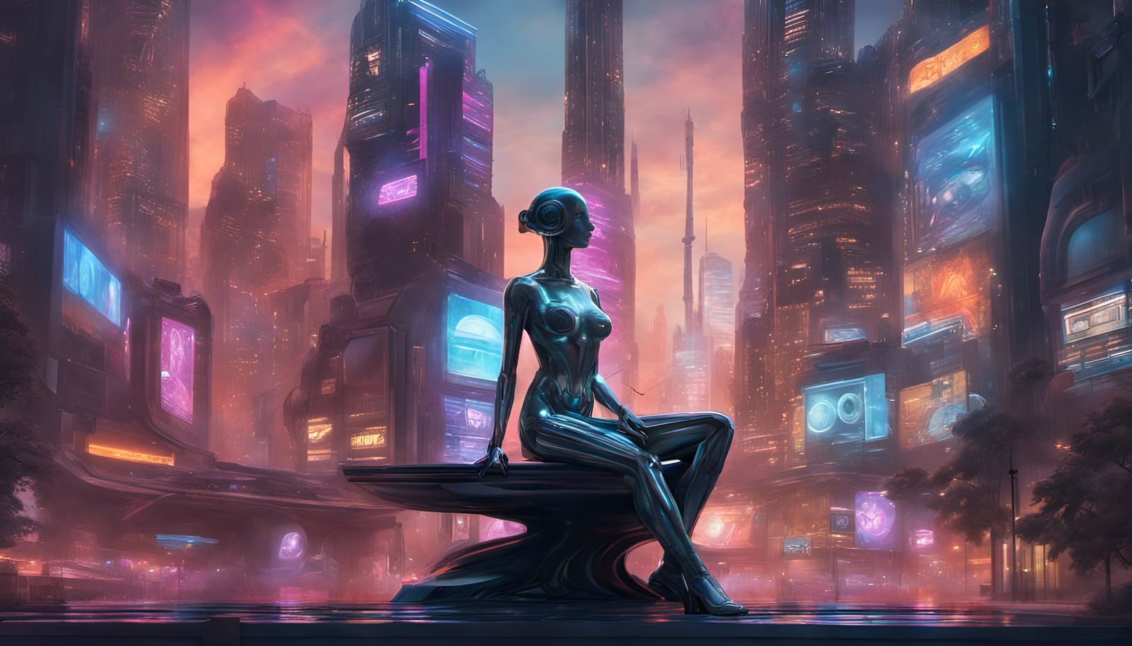 Futuristic Cityscape with Prismatic Statue, Digital Matte Pa...