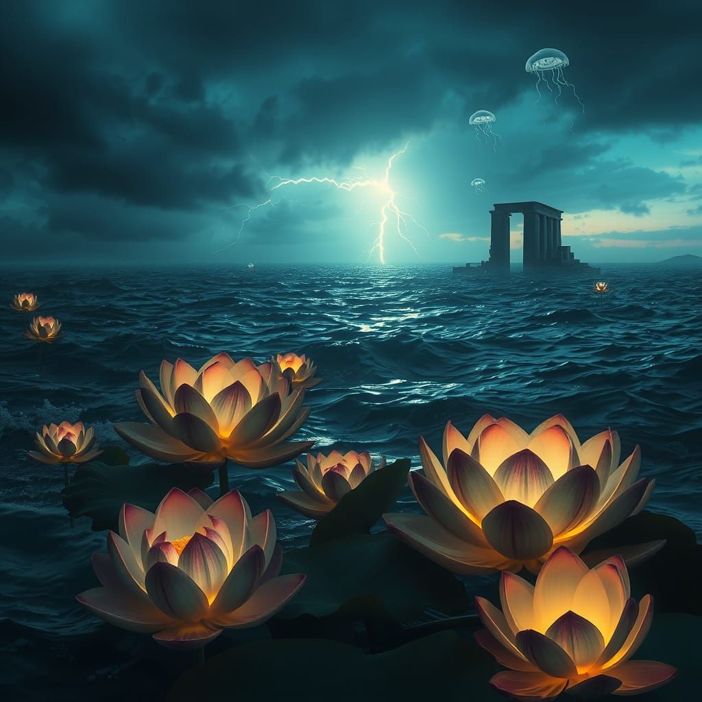 Stormy Twilight Ocean Blooms with Bioluminescent Lotus
