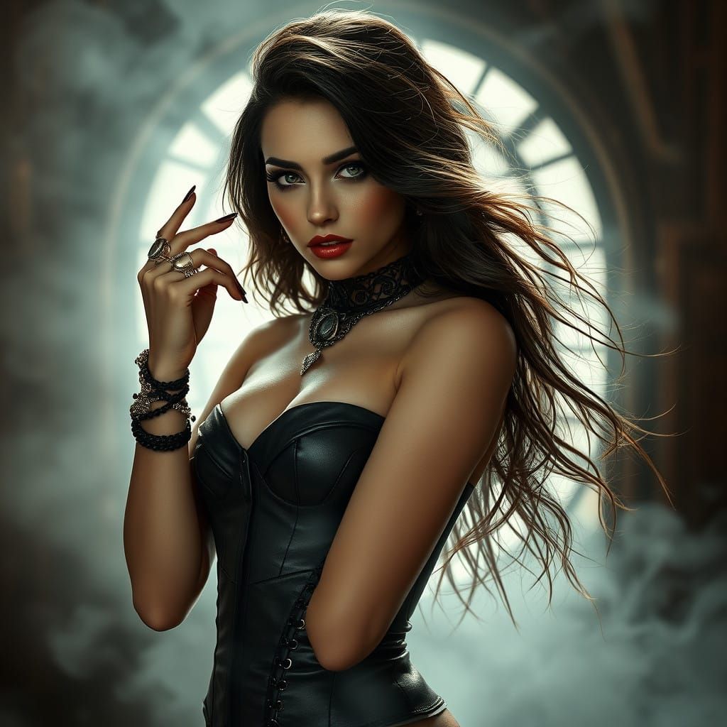 Glamorous Gothic Goddess in Mystical Fog