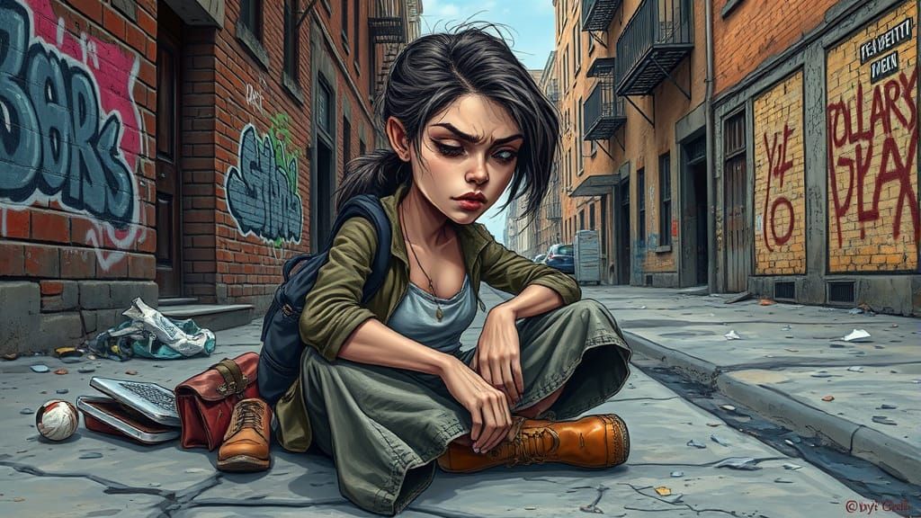 A Young Woman's Resilience in a Gritty Urban Landscape