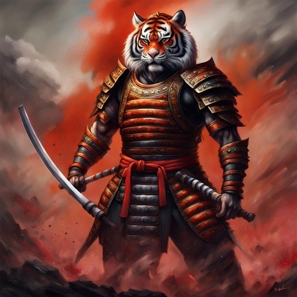 Tiger Samurai on Battlefield in Detailed Digital Art