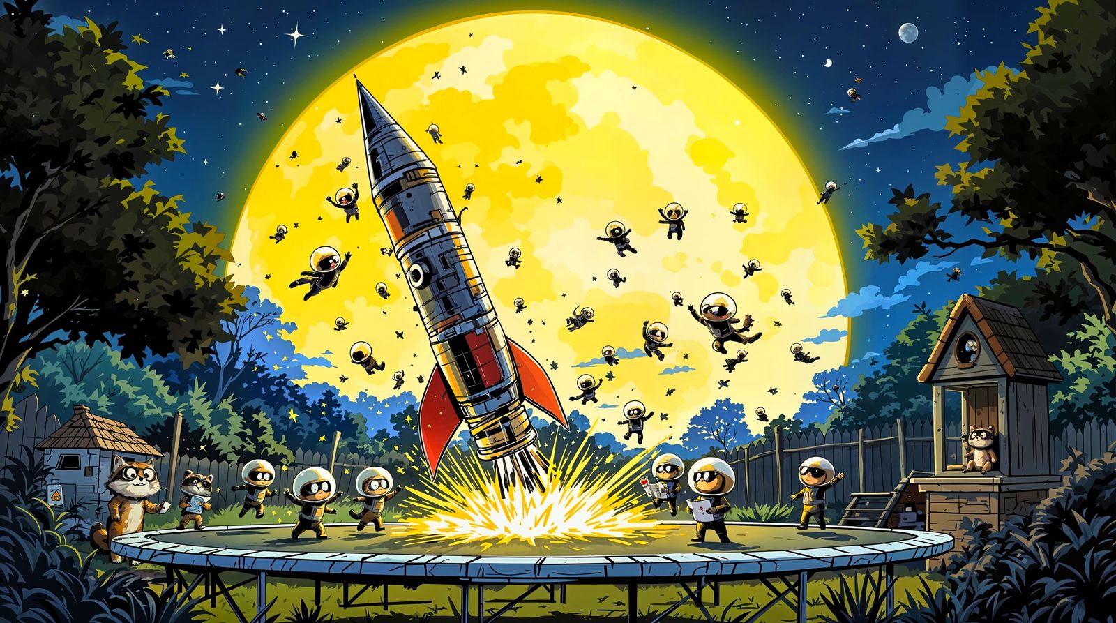 Whimsical Backyard Rocket Launch in Full Moonlight