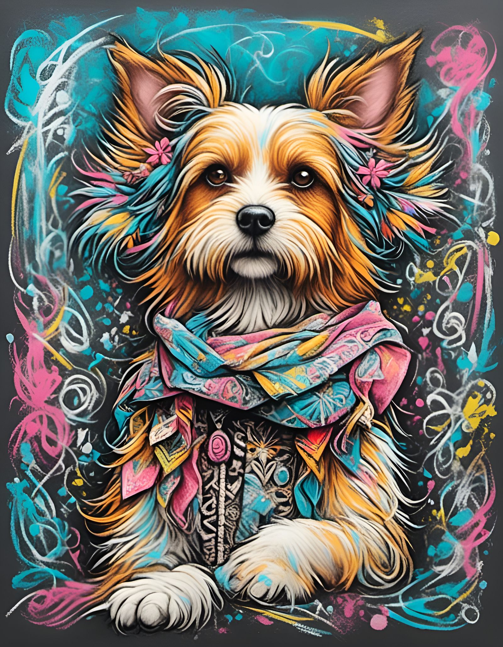 Dog in Fancy Hat as Chalk Art