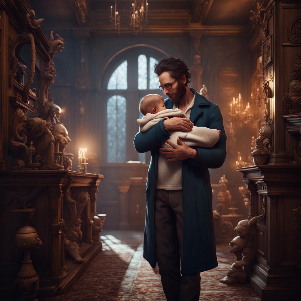 Loving Father and Child in Dark Academia Style