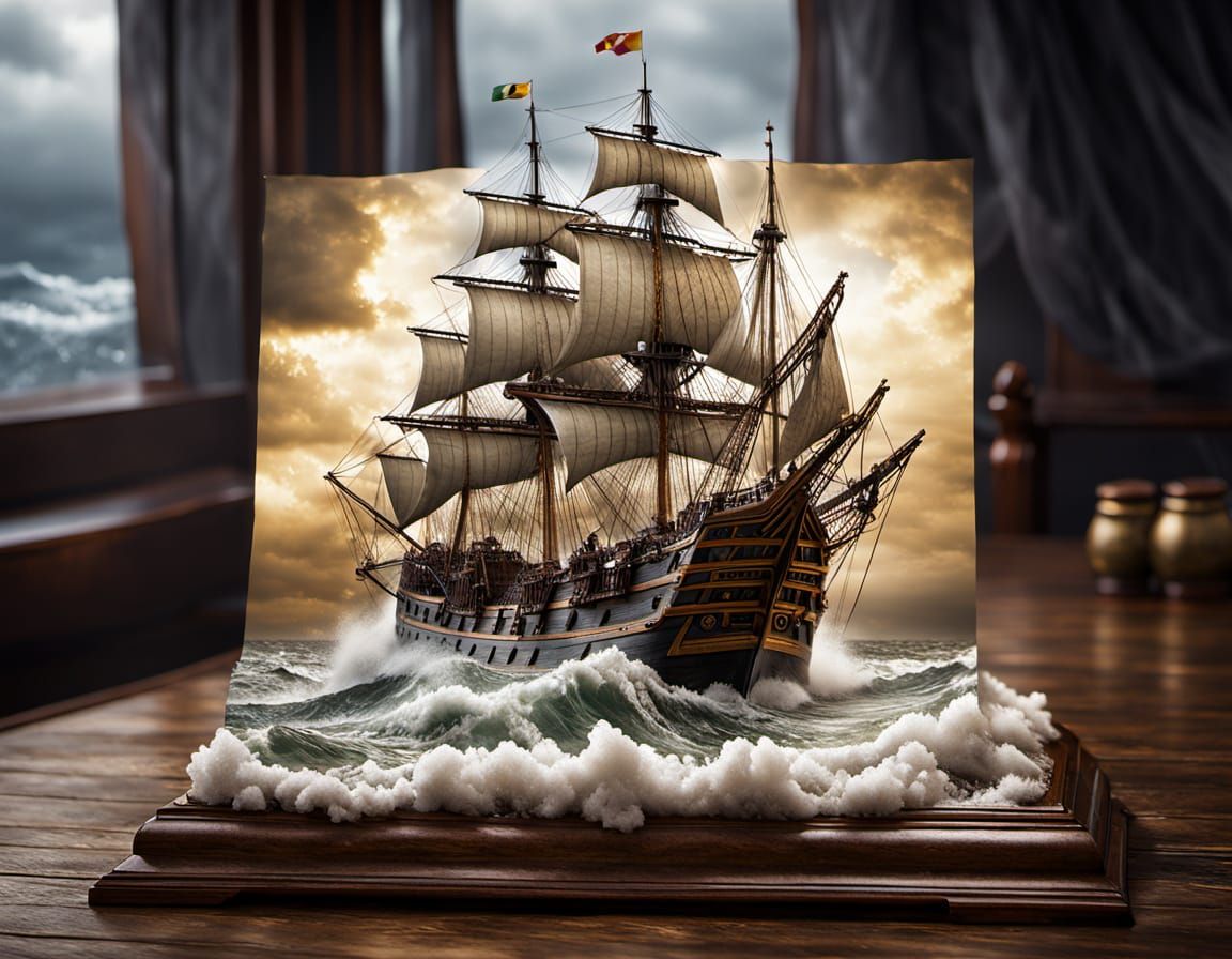Spanish Galleon Sailing Stormy Seas: Marine Photography