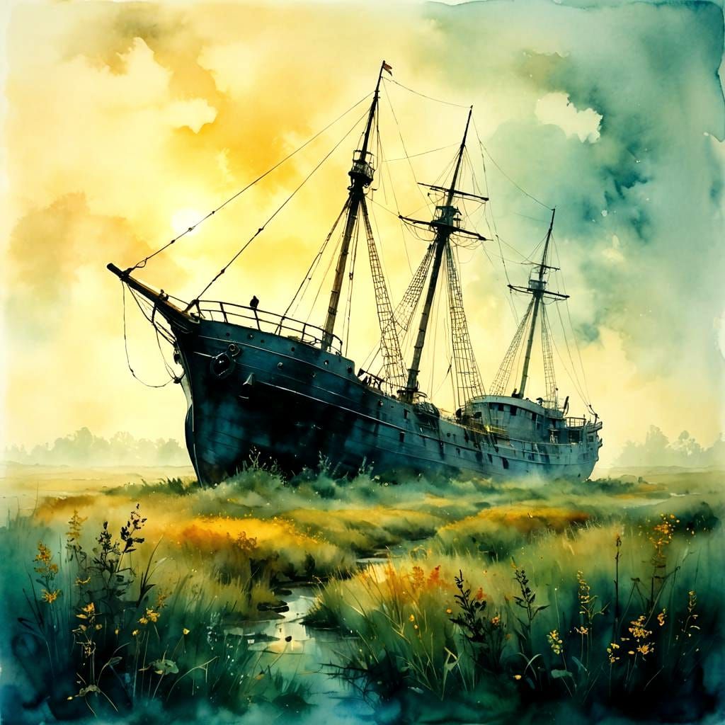 Ship Stranded in Meadow: Alcohol Ink and Indian Ink