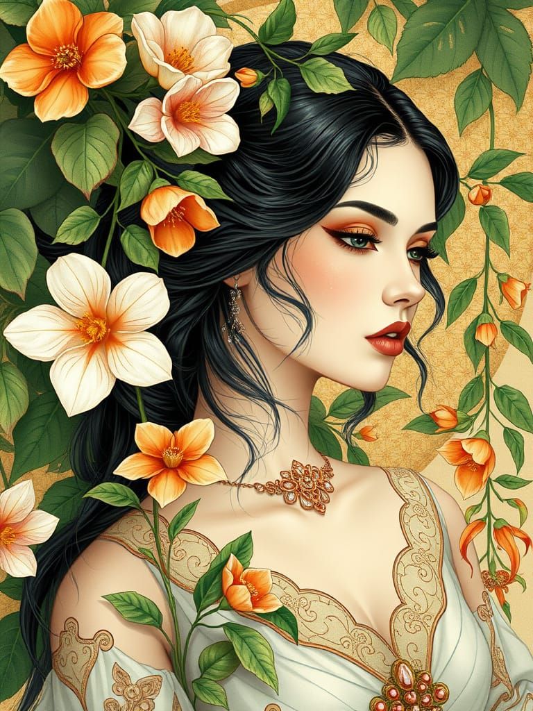 Elegant Woman in Lush Garden, Art Nouveau Style