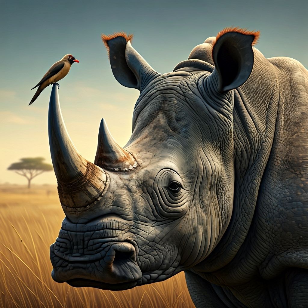 Oxpecker and Rhino Portrait in Fantasy Realism