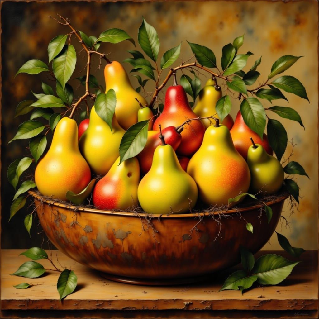 Still Life of Vibrant Pears in Rustic Wooden Bowl