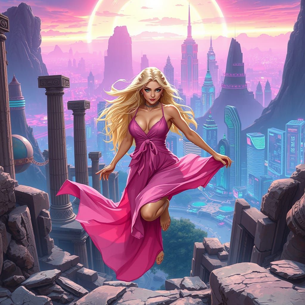 Woman Leaping Between Ruins and Neon Skyline