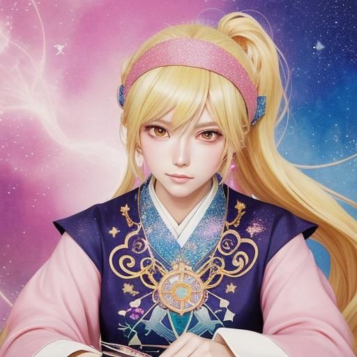 Anime Woman with Phoenix Tarot Cards in Pastel Tones