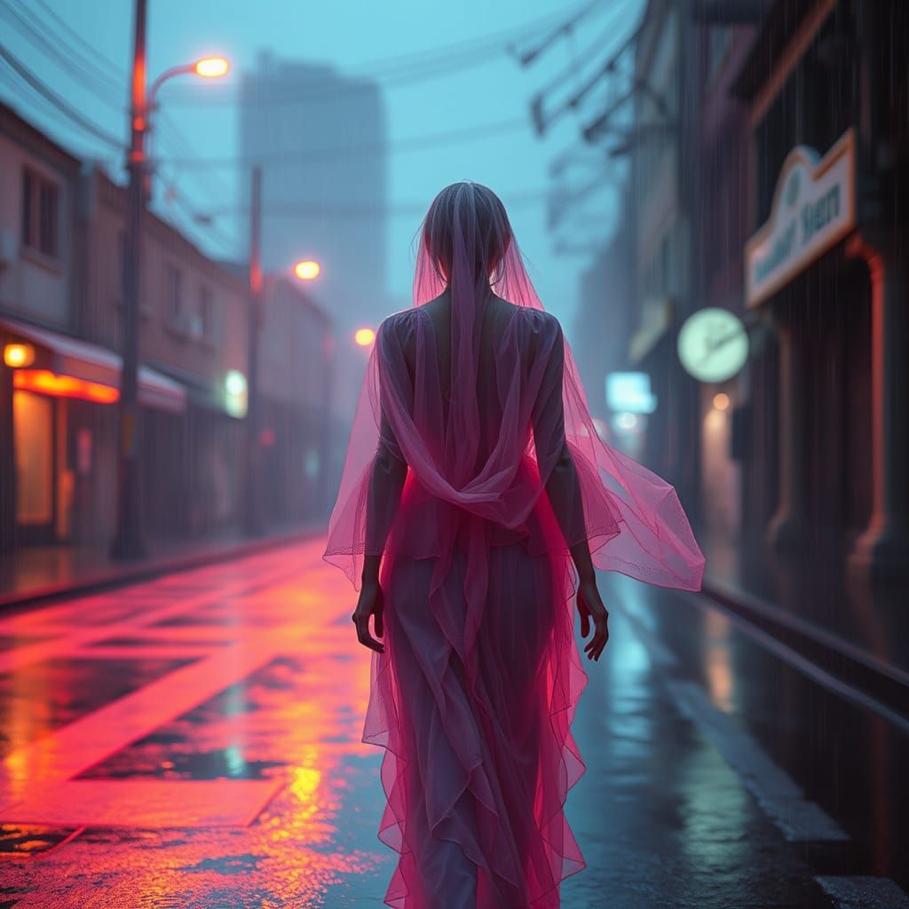 Ethereal Woman Wandering a Rain-Soaked Street