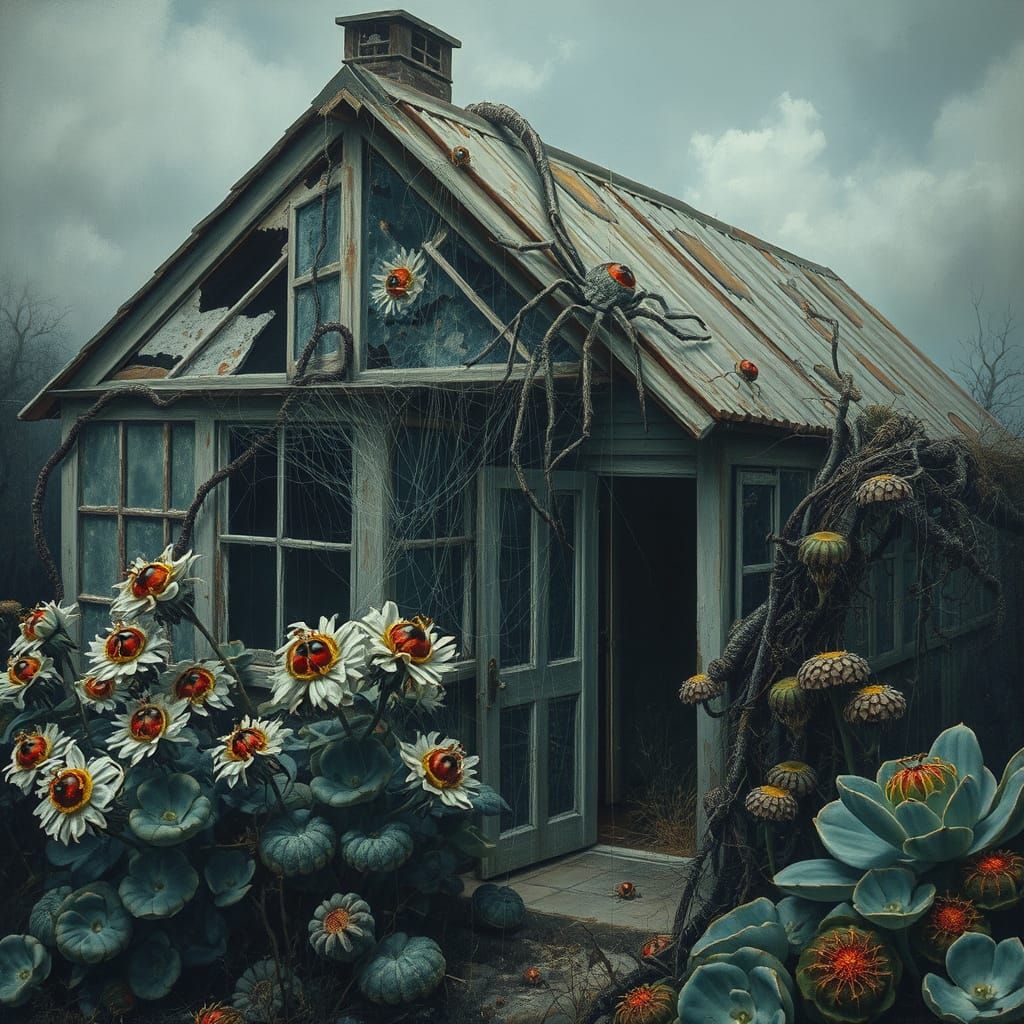 Eerie Hothouse with Red-Eyed Flowers in Oil Paint