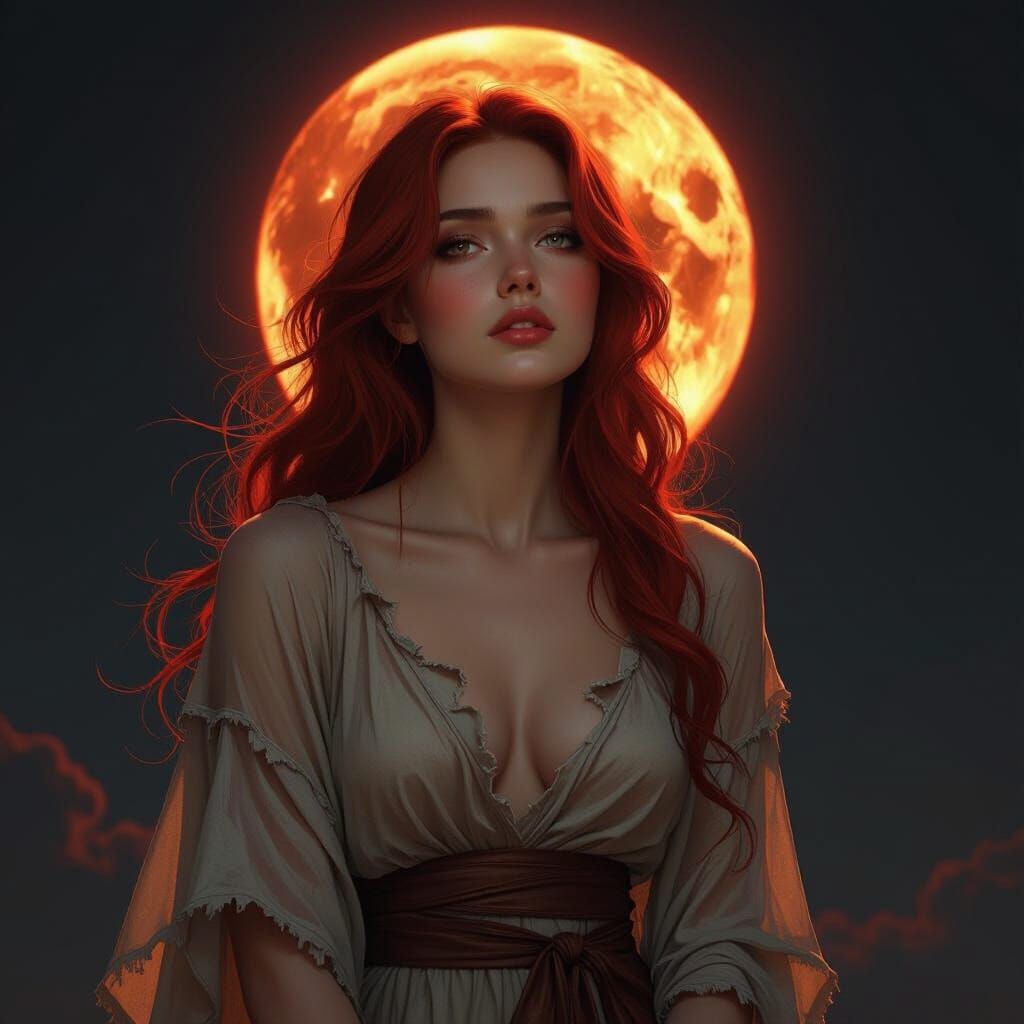 Fiery Haired Woman Gazes at Red Moon Eclipse