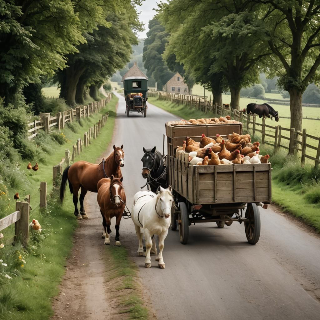 Chickens Ride Horse and Wagon on English Road