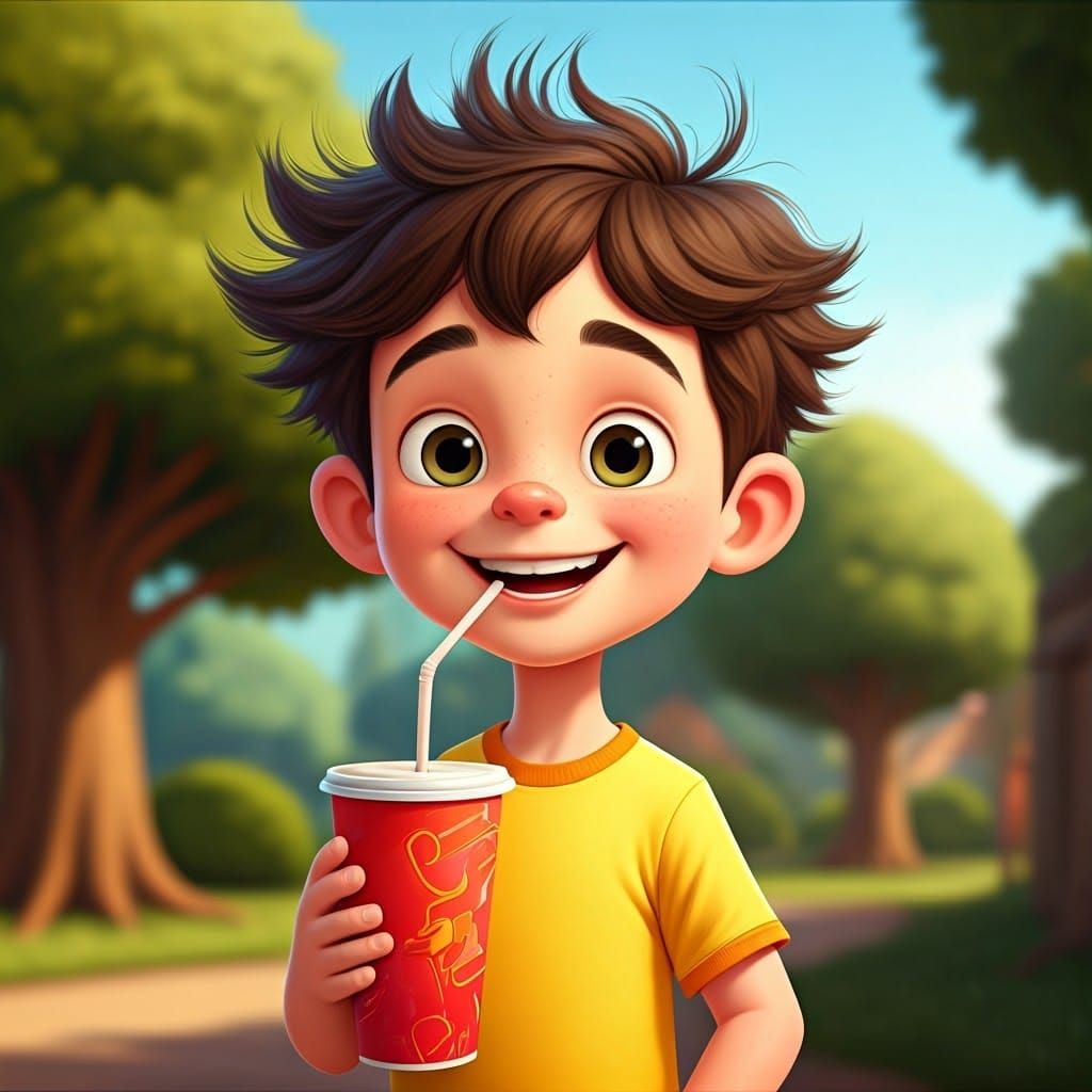 Happy 7-Year-Old Boy Drinks Cola in Colorful Backyard Scene
