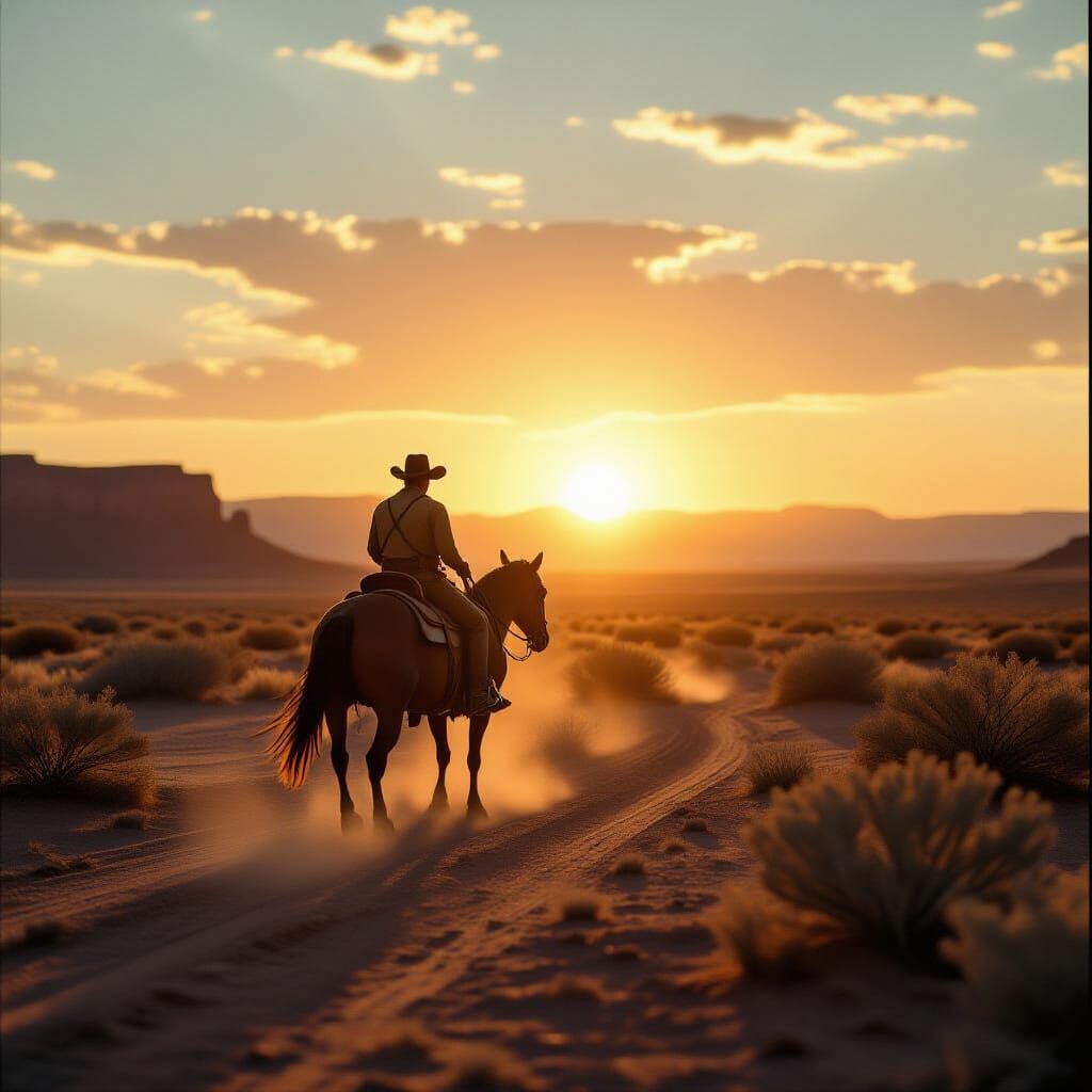 Vintage Film Still of Cowboy in Desert Sunset