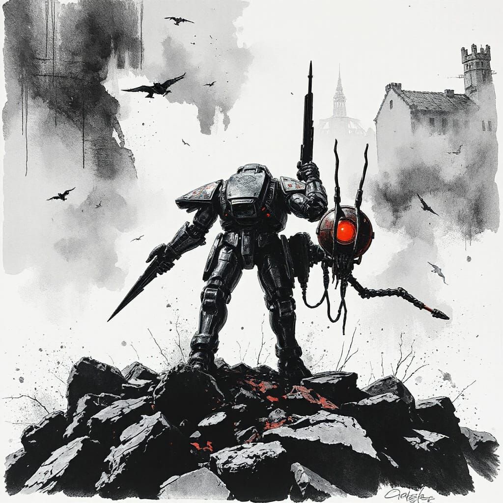 Biopunk Landscape in Modern European Ink Painting Style