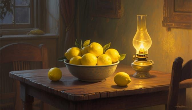 Vibrant Lemons in Cozy Room, Atmospheric Oil Painting
