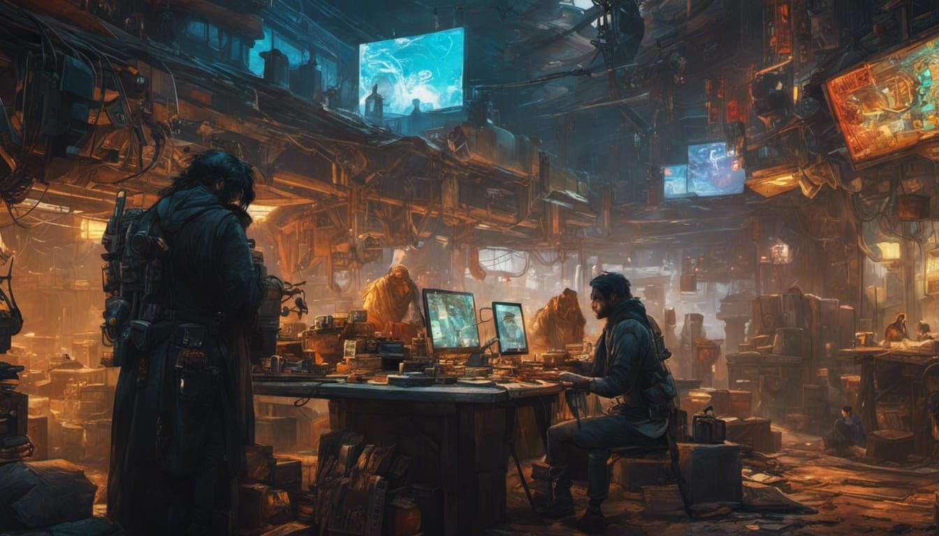 Cybernetic Bedouin Craftsmen in Cyberpunk Workshop