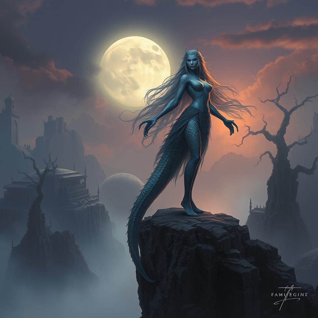 Mystical Siren in Ethereal Landscape, Digital Matte Painting