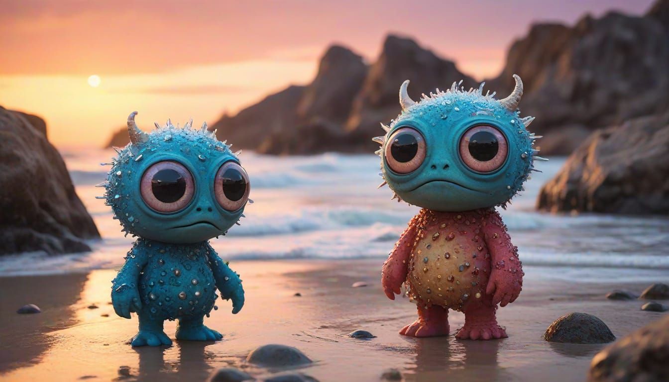 Whimsical Beach Monsters with a Touch of Melancholy in Vibra...