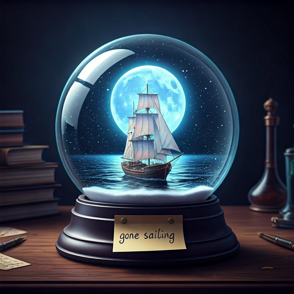 Magical Sailing Boat in Snow Globe, 3D Render