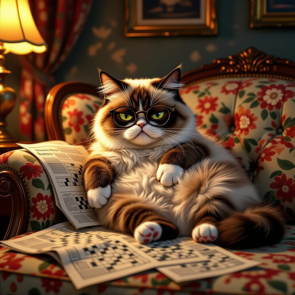 Grumpy Cat on Floral Couch in 3D Anime Style