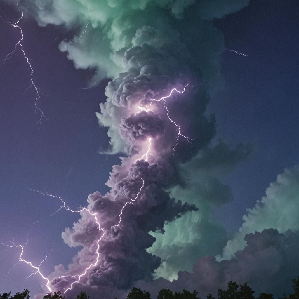 A spiral of purple cloud and mist flows into a spiral of gre...