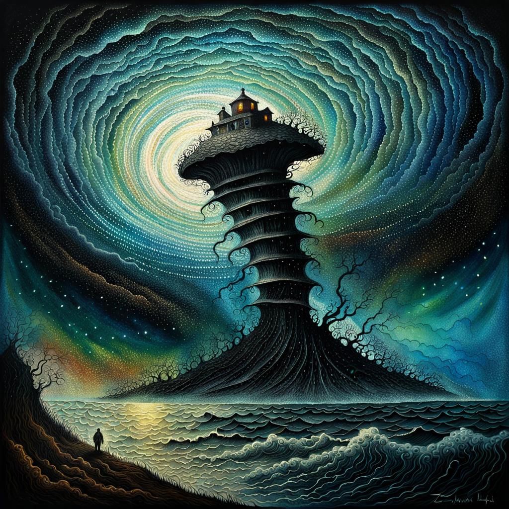 Tornado Monster in Pointillist Folk Art Style