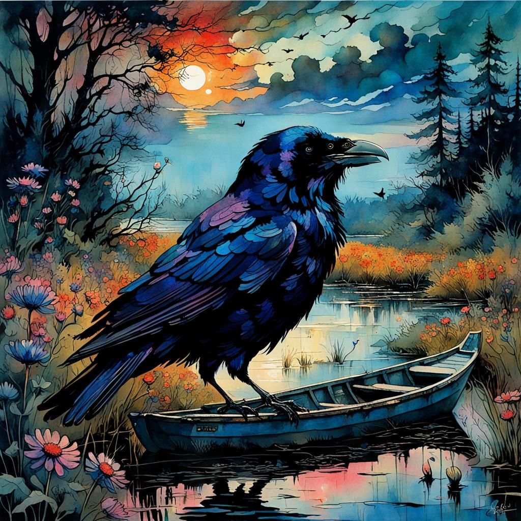 Raven at Bioluminescent Sunset, Color Print Art