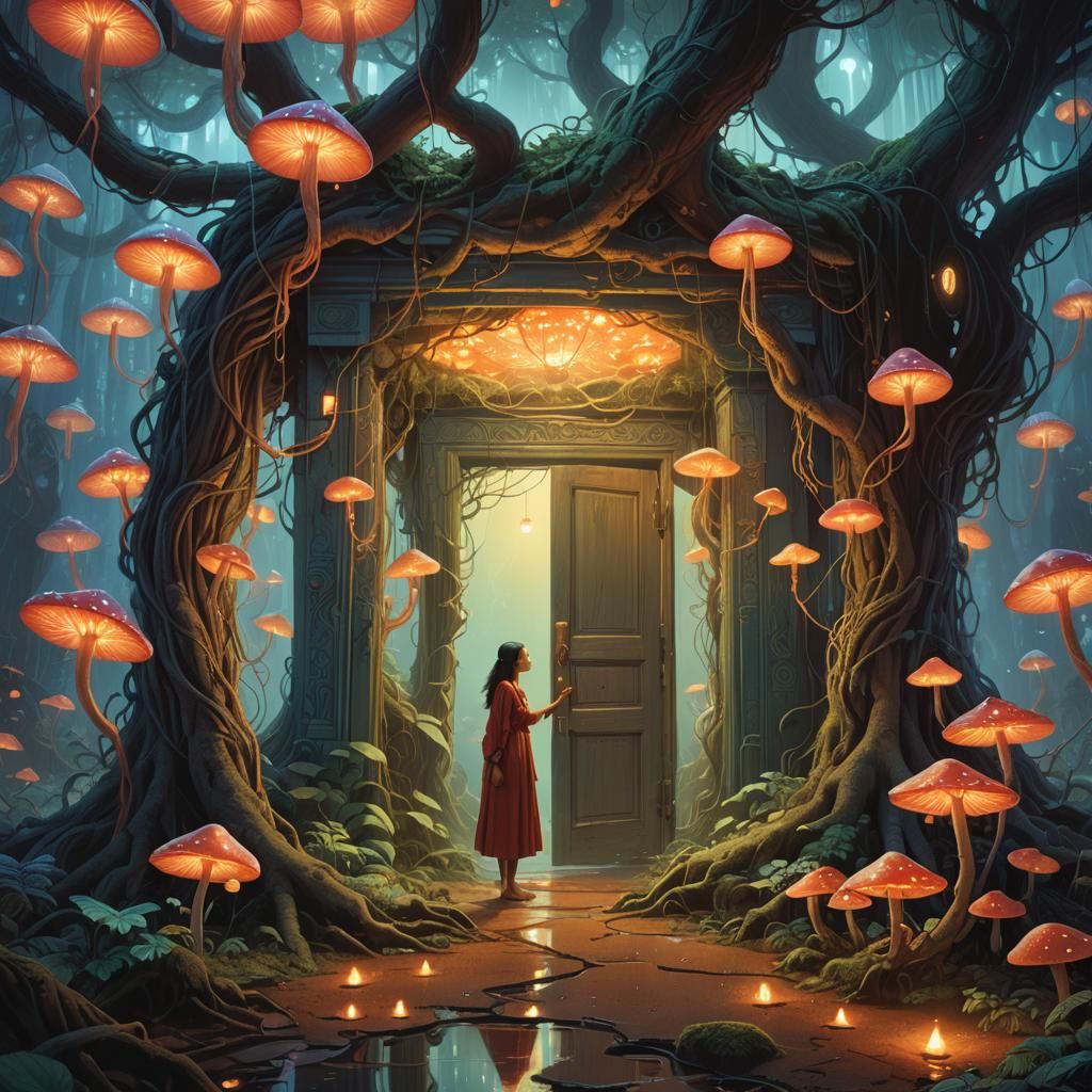 Woman Crawling Through Shimmering Portal to Wonderland