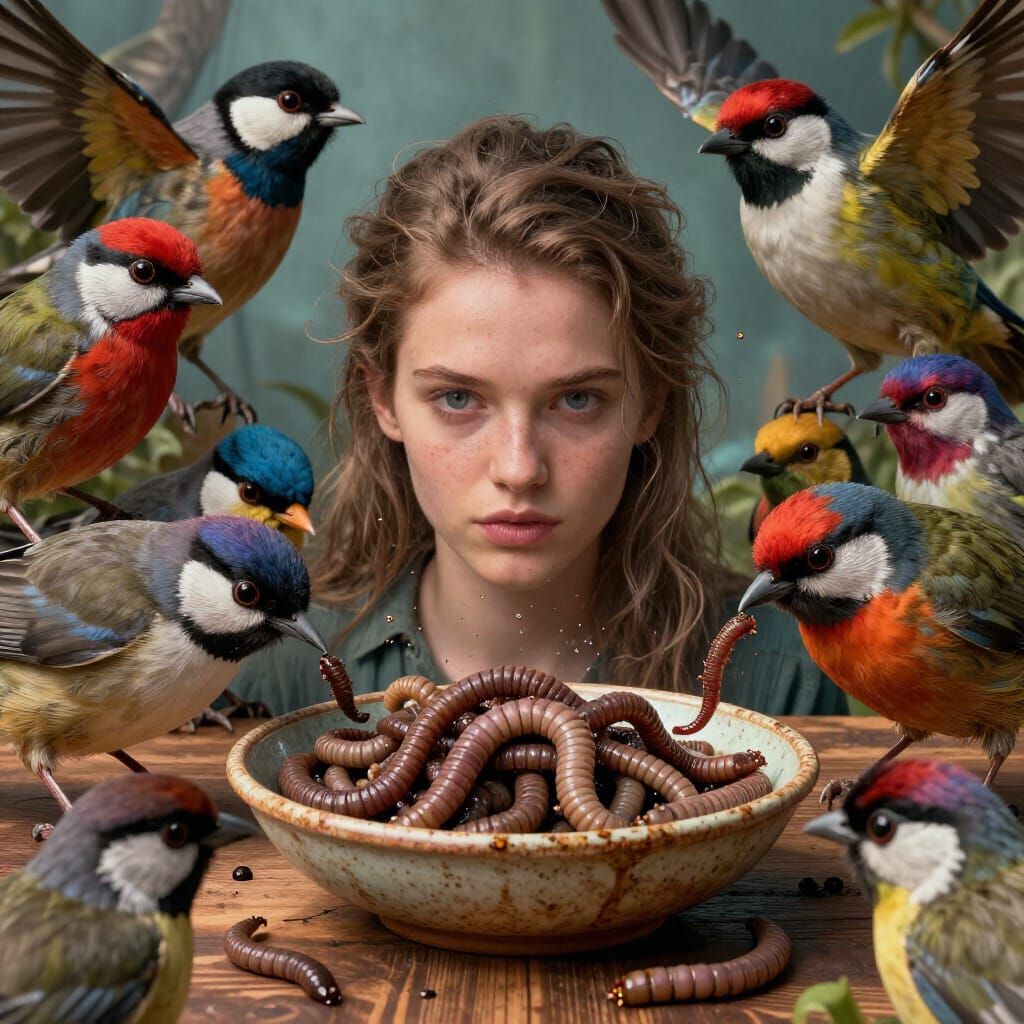 Birds Feast at Rustic Table, Hyperdetailed Concept Art