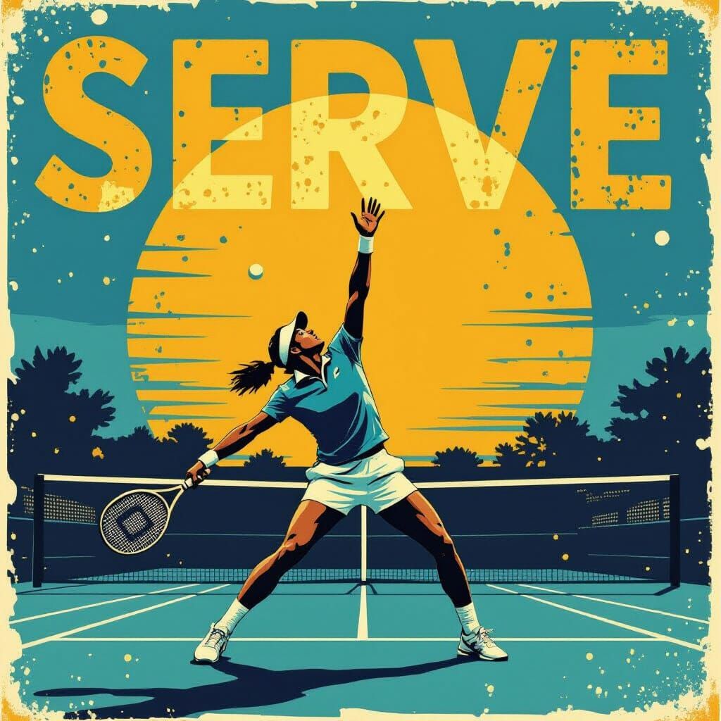 Vintage Tennis Poster: Player Mid-Serve in 70s Style