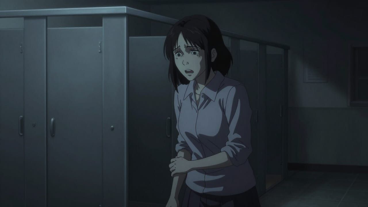Terrified Teacher in Dark Washroom Animated Cinematic Style