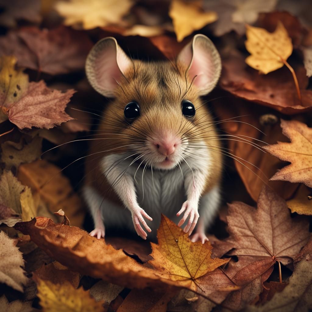 Chibi Field Mouse Hiding Under Autumn Leaves
